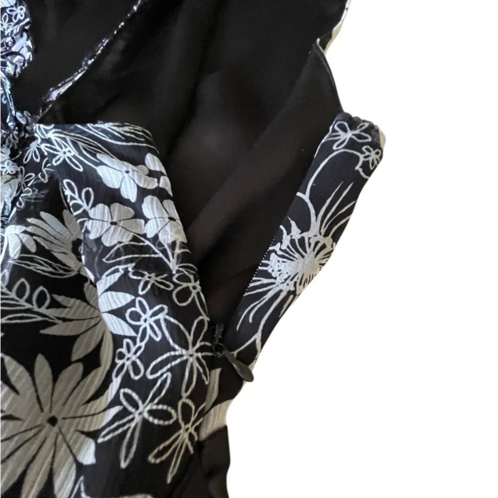 Spense Black White Floral Silk Special Occasion Dress, Satin Sash, 12 - Picture 3 of 9